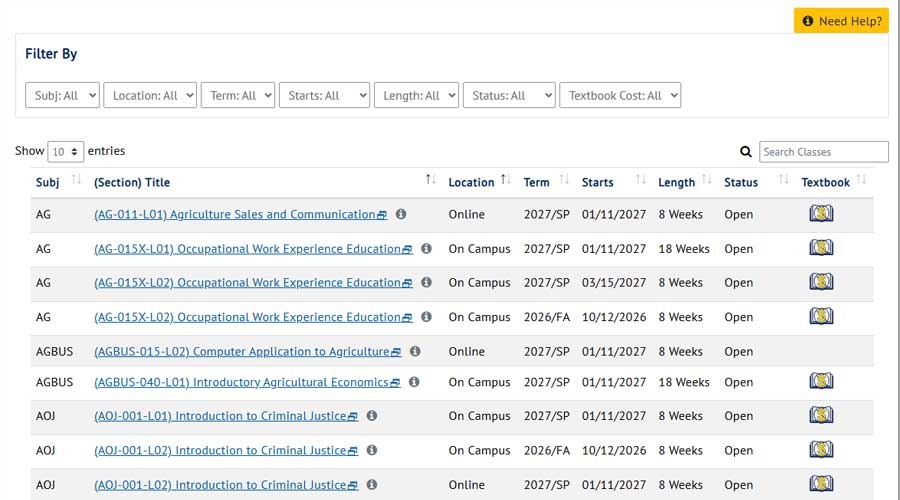 Screenshot of the public course schedule search screen where students begin looking for classes.