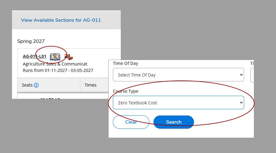 Screenshot showing where the ZTC designation is shown and using course type - zero textbook cost filter in self service (login required)