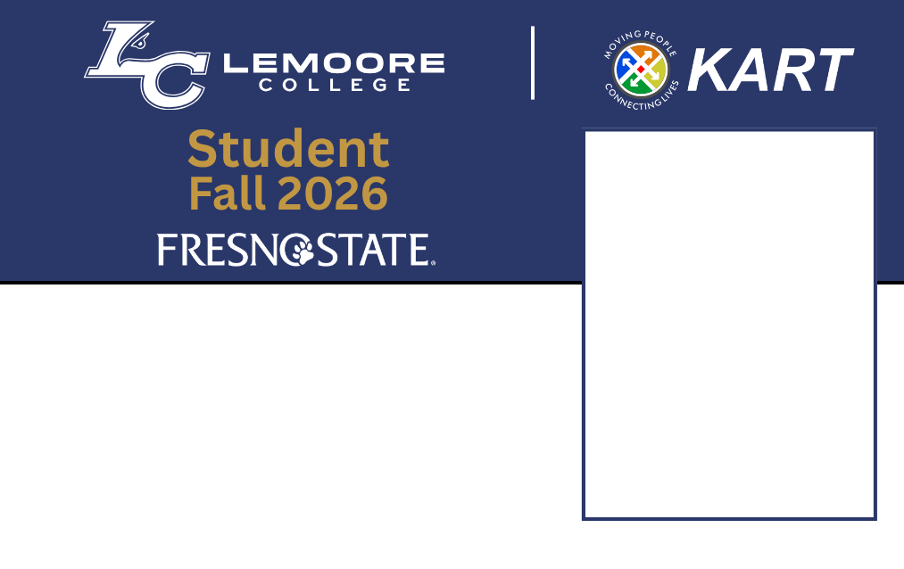 Additional sample Lemoore College Student ID template for KART pass verification.